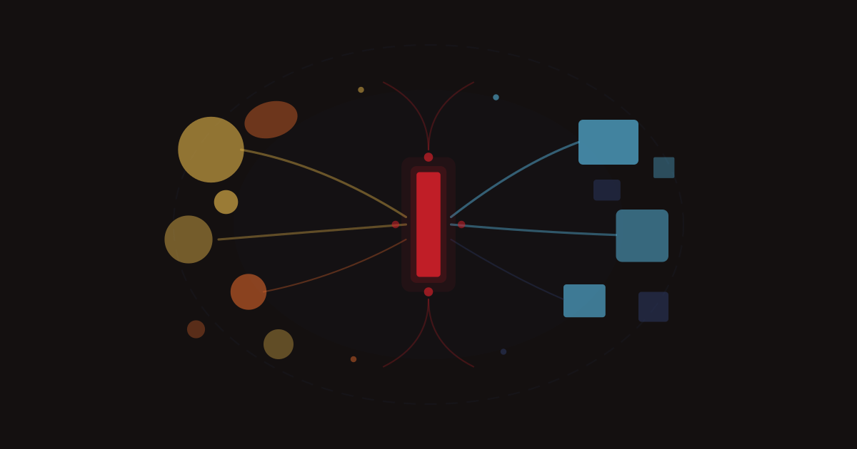 Abstract cover art of coloured organic shapes and structured blocks converging on a red terminal cursor